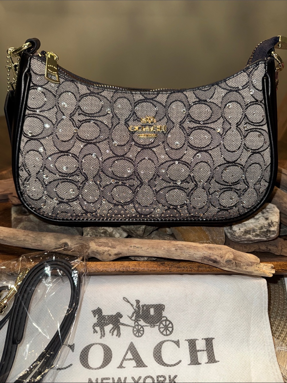 Coach Neutral Signature Canvas Shoulder Bag with Black Trim